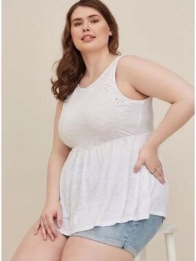 Torrid Babydoll Feather Soft Slub Embroidered Eyelet Tank Size 2 White Cottage